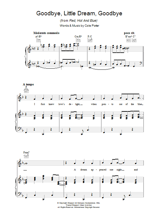 Learn to play Cole Porter Goodbye, Little Dream, Goodbye sheet music for Piano, Vocal & Guitar Chords in minutes. Price: 7.8900$ Cole Porter Goodbye, Little Dream, Goodbye sheet music notes and chords arranged for Piano, Vocal & Guitar Chords