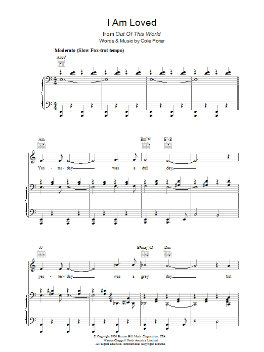 Learn to play Cole Porter I Am Loved sheet music for Piano, Vocal & Guitar Chords in minutes. Price: 7.8900$ Cole Porter I Am Loved sheet music notes and chords arranged for Piano, Vocal & Guitar Chords
