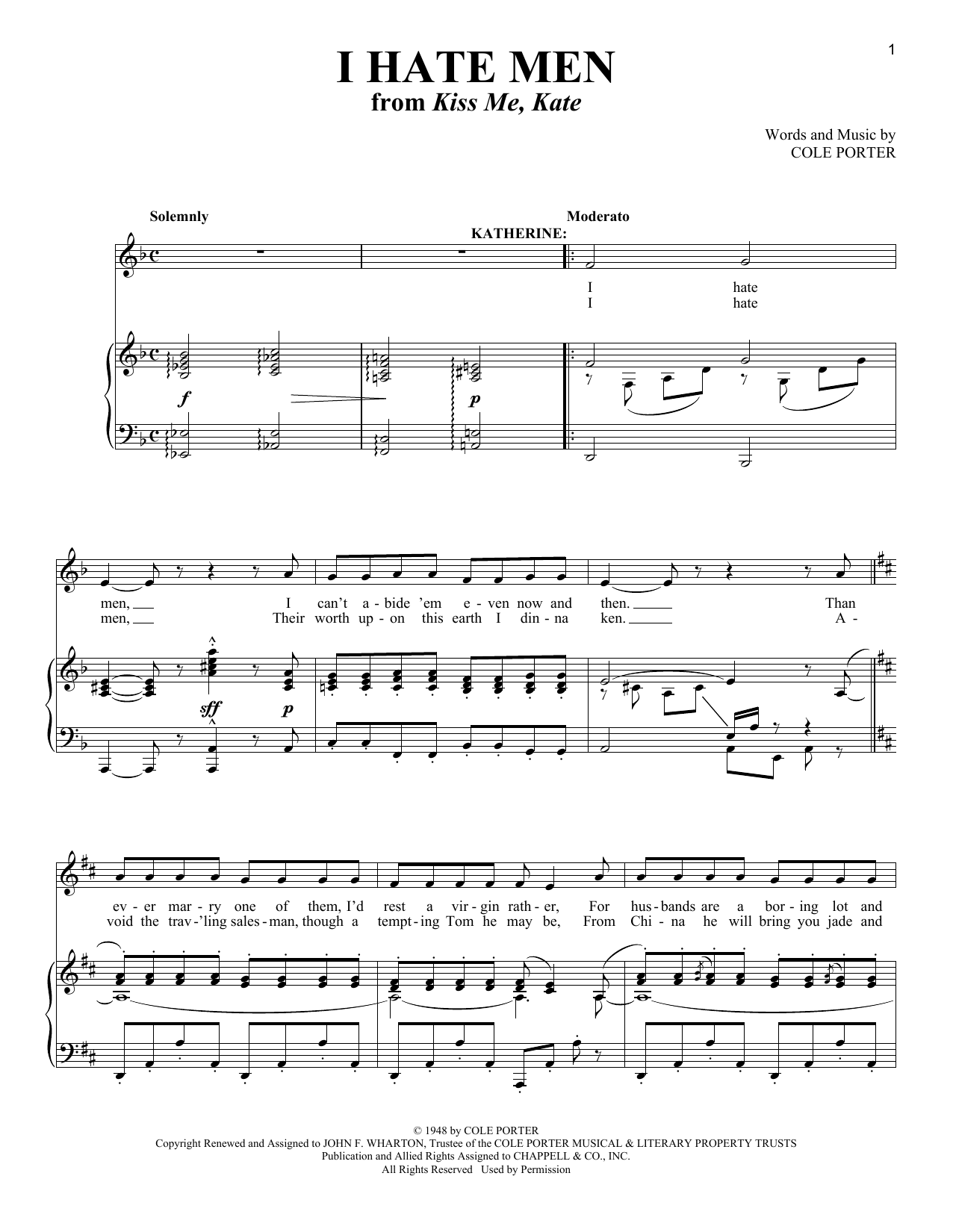 Cole Porter I Hate Men (from Kiss Me Kate) (arr. Richard Walters) sheet music notes and chords. Download Printable PDF.