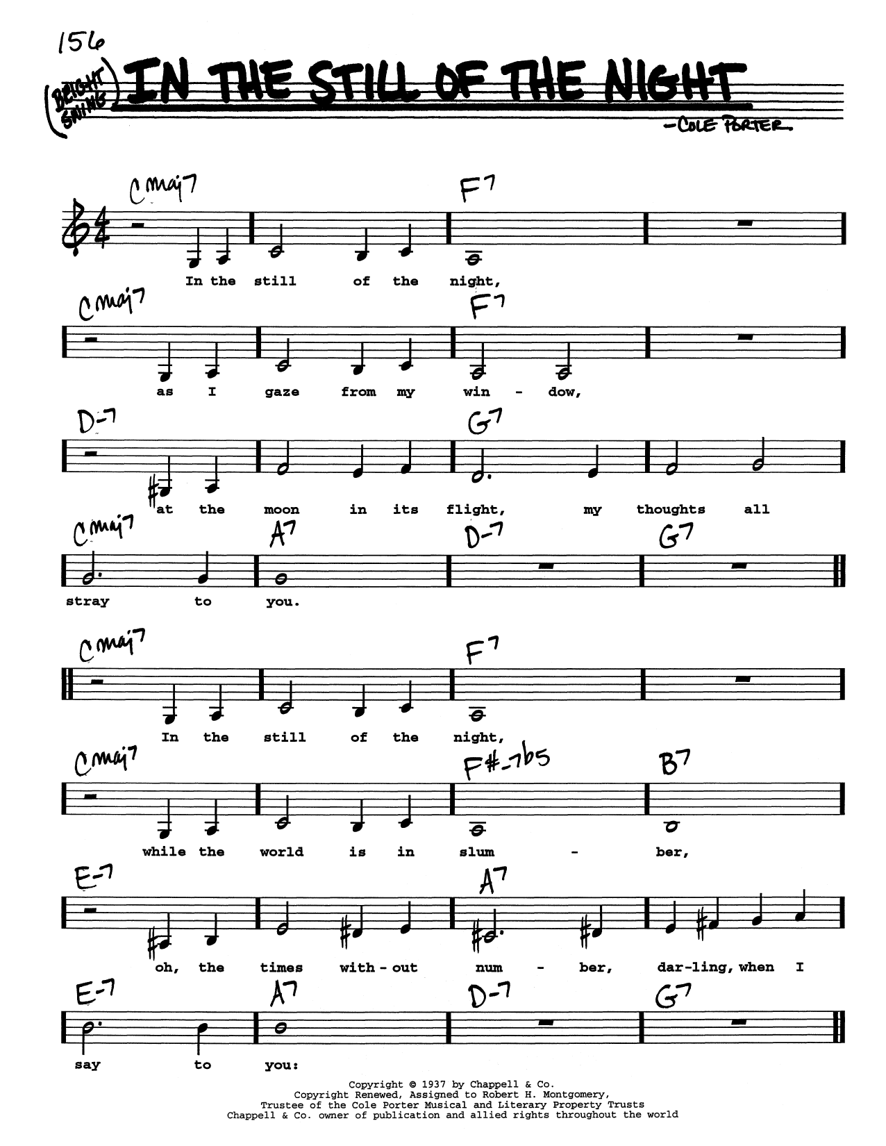 Learn to play Cole Porter In The Still Of The Night (Low Voice) sheet music for Real Book – Melody, Lyrics & Chords in minutes. Price: 5.9900$ Cole Porter In The Still Of The Night (Low Voice) sheet music notes and chords arranged for Real Book – Melody, Lyrics & Chords