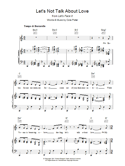 Learn to play Cole Porter Let's Not Talk About Love sheet music for Piano, Vocal & Guitar Chords in minutes. Price: 7.8900$ Cole Porter Let's Not Talk About Love sheet music notes and chords arranged for Piano, Vocal & Guitar Chords