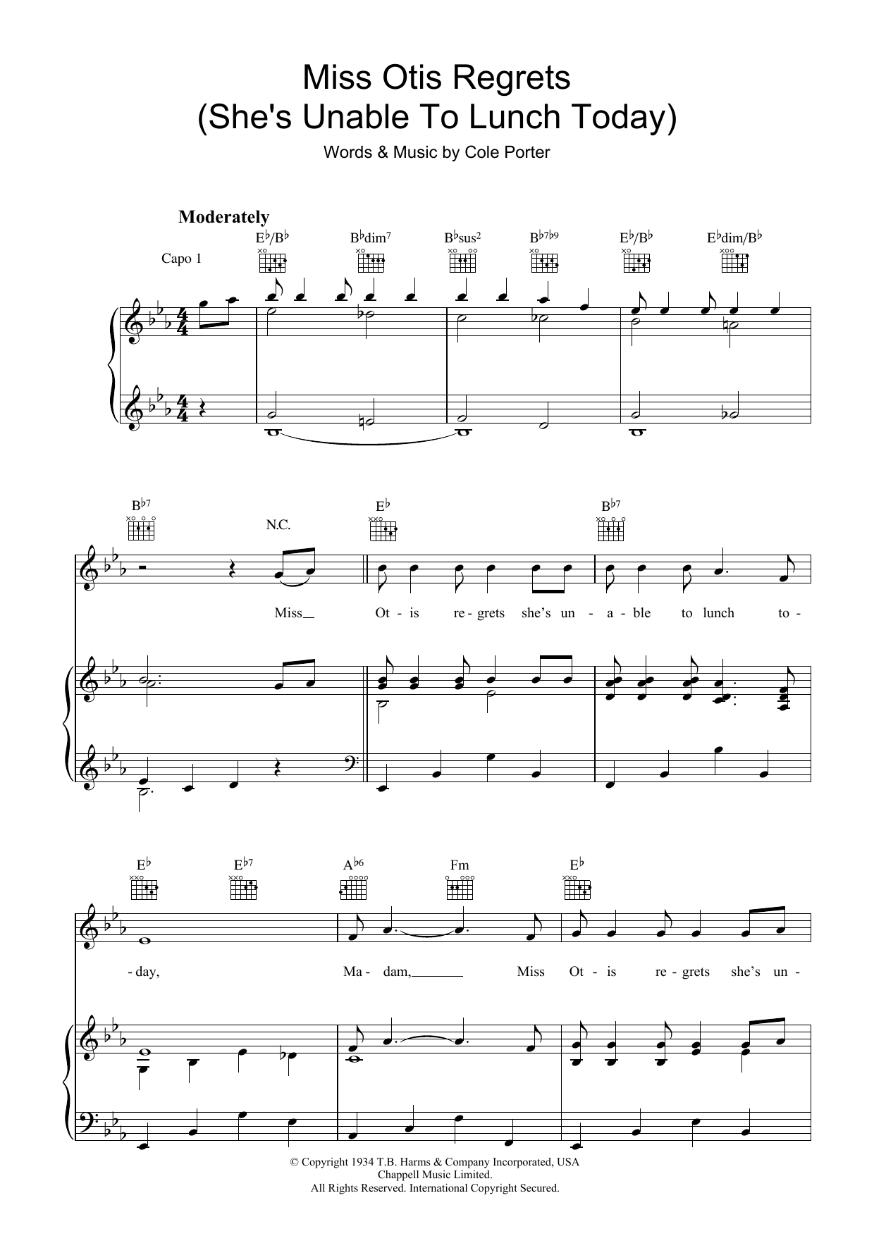 Cole Porter Miss Otis Regrets sheet music notes and chords arranged for Piano, Vocal & Guitar Chords