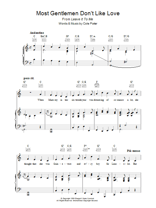 Learn to play Cole Porter Most Gentlemen Don't Like Love sheet music for Piano, Vocal & Guitar Chords in minutes. Price: 7.8900$ Cole Porter Most Gentlemen Don't Like Love sheet music notes and chords arranged for Piano, Vocal & Guitar Chords
