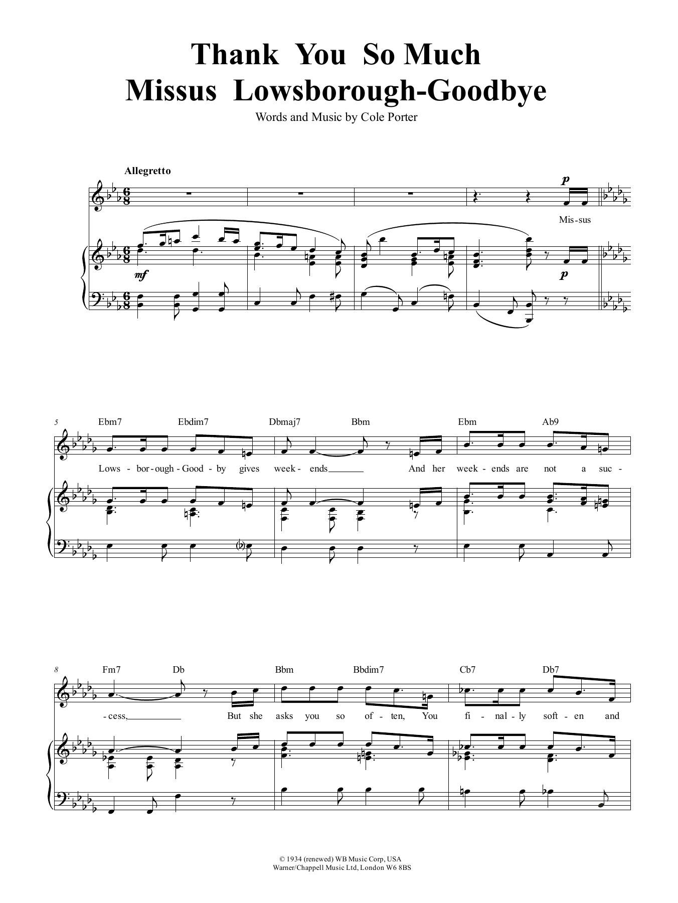 Cole Porter Thank You So Much, Mrs Lowsborough-Goodby sheet music notes and chords. Download Printable PDF.