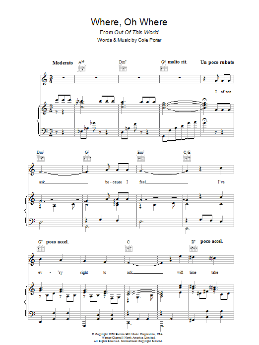 Learn to play Cole Porter Where, Oh Where? sheet music for Piano, Vocal & Guitar Chords in minutes. Price: 7.8900$ Cole Porter Where, Oh Where? sheet music notes and chords arranged for Piano, Vocal & Guitar Chords