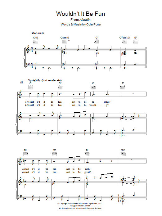 Learn to play Cole Porter Wouldn't It Be Fun? sheet music for Piano, Vocal & Guitar Chords in minutes. Price: 7.8900$ Cole Porter Wouldn't It Be Fun? sheet music notes and chords arranged for Piano, Vocal & Guitar Chords