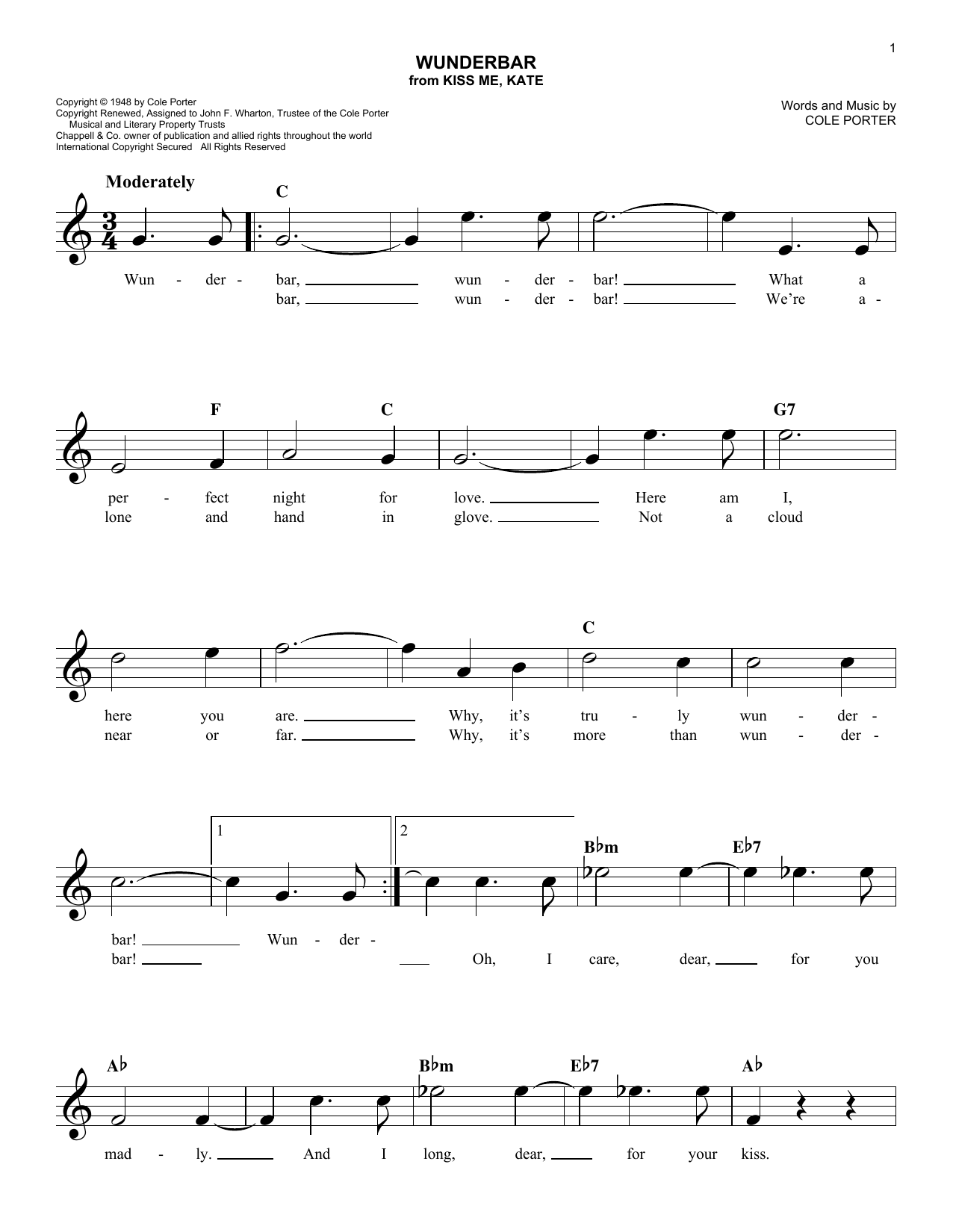 Cole Porter Wunderbar (from Kiss Me, Kate) sheet music notes and chords. Download Printable PDF.