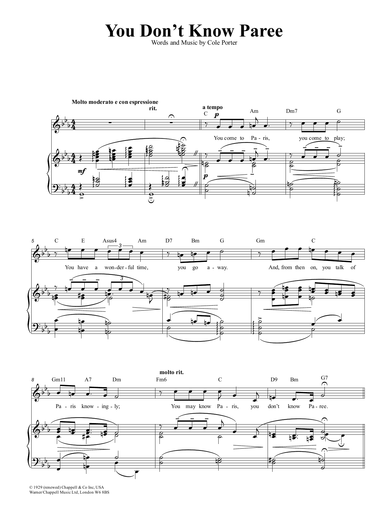 Cole Porter You Don't Know Paree sheet music notes and chords. Download Printable PDF.