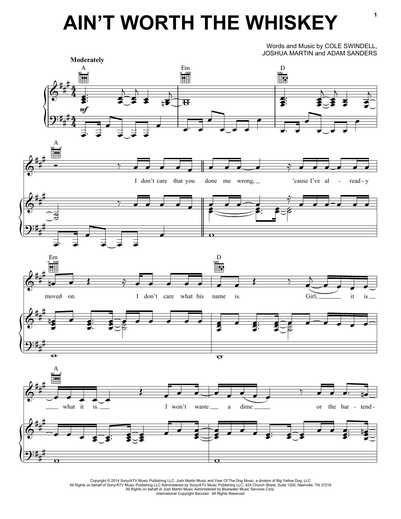 Learn to play Cole Swindell Ain't Worth The Whiskey sheet music for Piano, Vocal & Guitar Chords (Right-Hand Melody) in minutes. Price: 7.8900$ Cole Swindell Ain't Worth The Whiskey sheet music notes and chords arranged for Piano, Vocal & Guitar Chords (Right-Hand Melody)