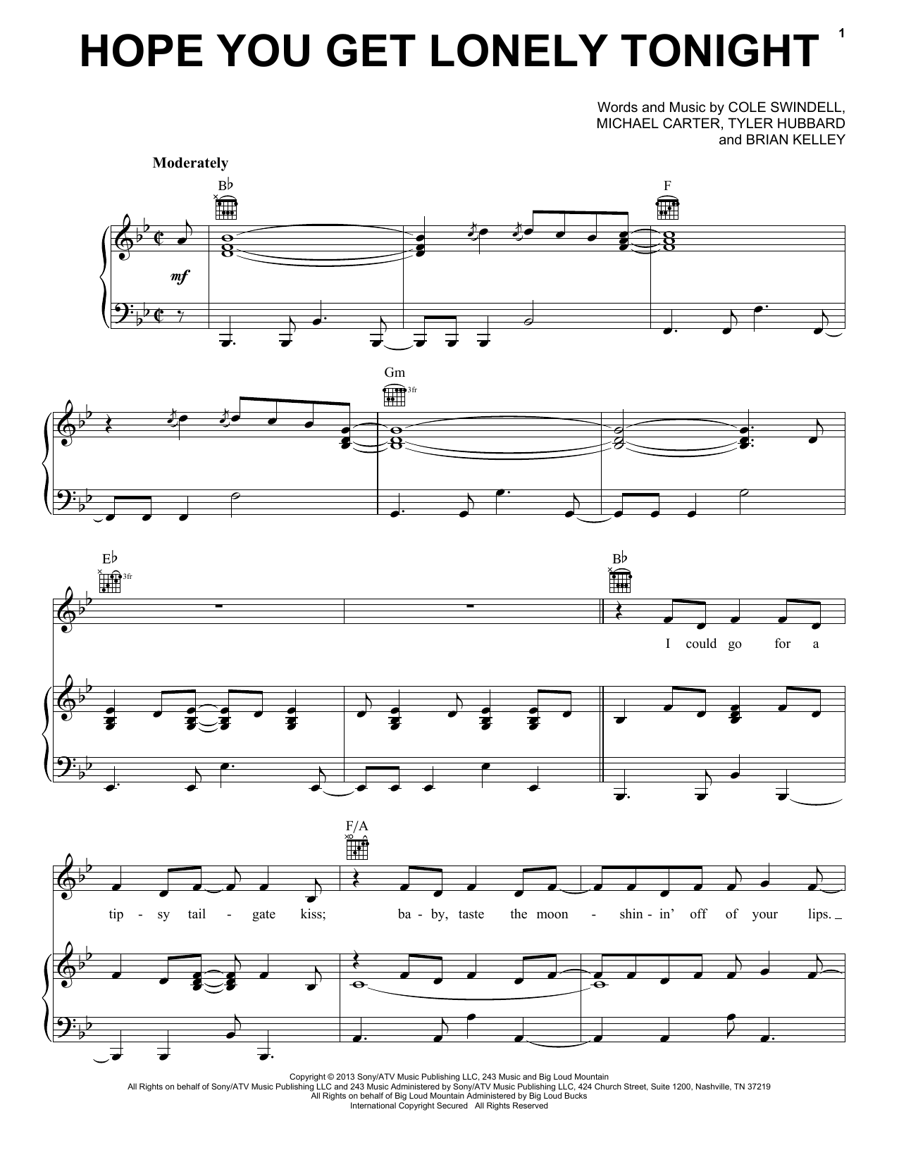 Learn to play Cole Swindell Hope You Get Lonely Tonight sheet music for Piano, Vocal & Guitar Chords (Right-Hand Melody) in minutes. Price: 7.8900$ Cole Swindell Hope You Get Lonely Tonight sheet music notes and chords arranged for Piano, Vocal & Guitar Chords (Right-Hand Melody)