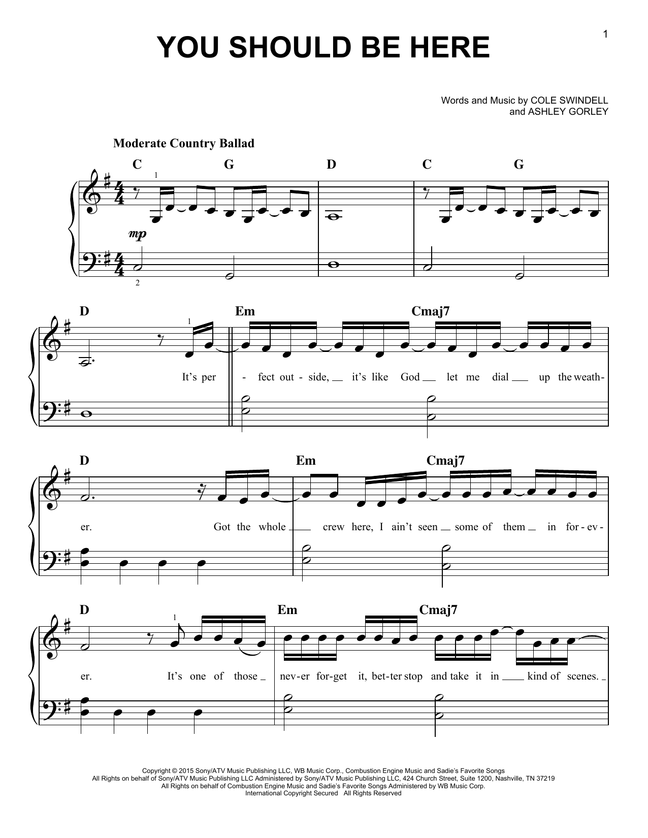 Cole Swindell You Should Be Here sheet music notes and chords arranged for Easy Piano