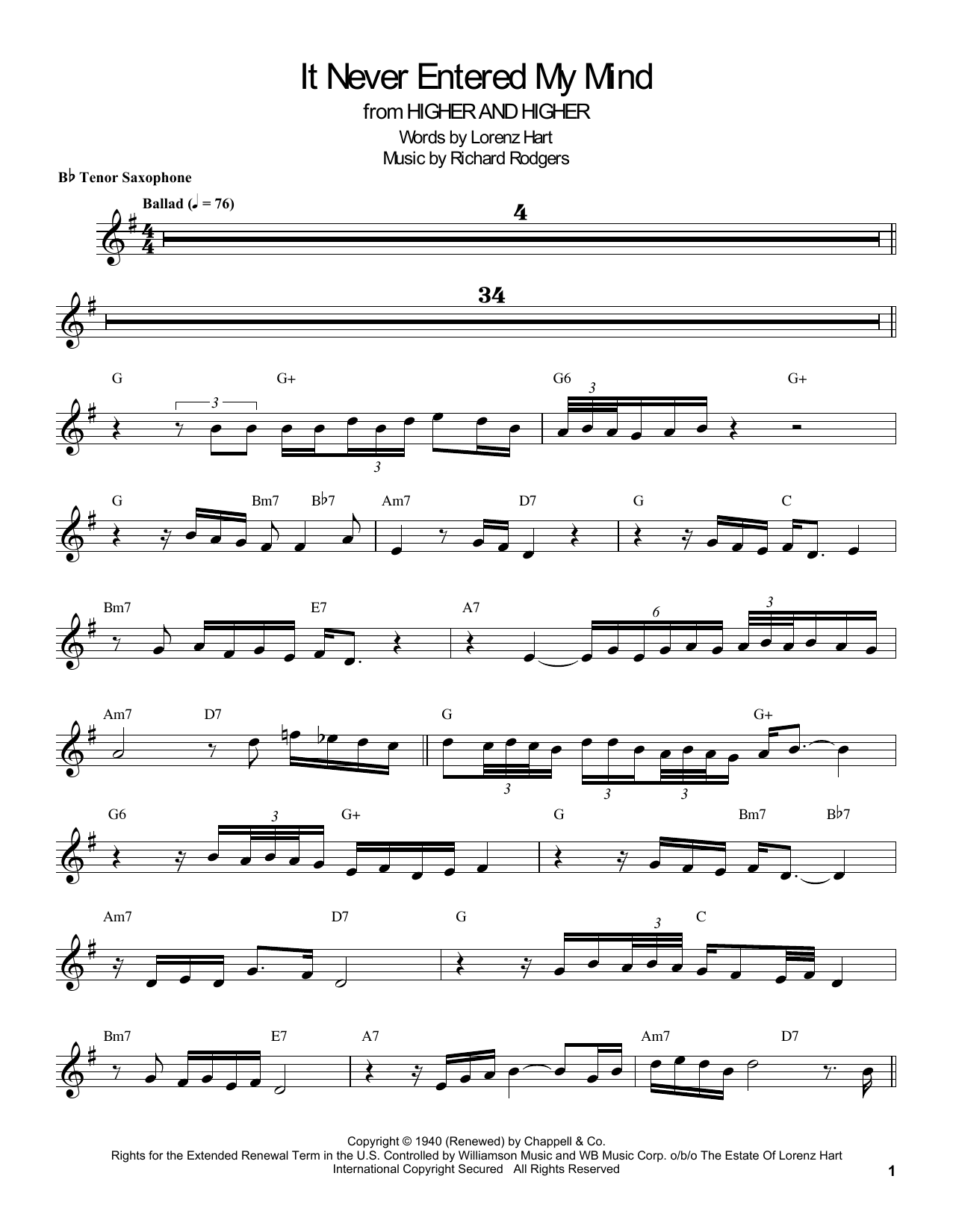 Coleman Hawkins It Never Entered My Mind sheet music notes and chords. Download Printable PDF.