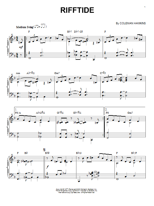 Coleman Hawkins Rifftide (arr. Brent Edstrom) sheet music notes and chords arranged for Piano Solo