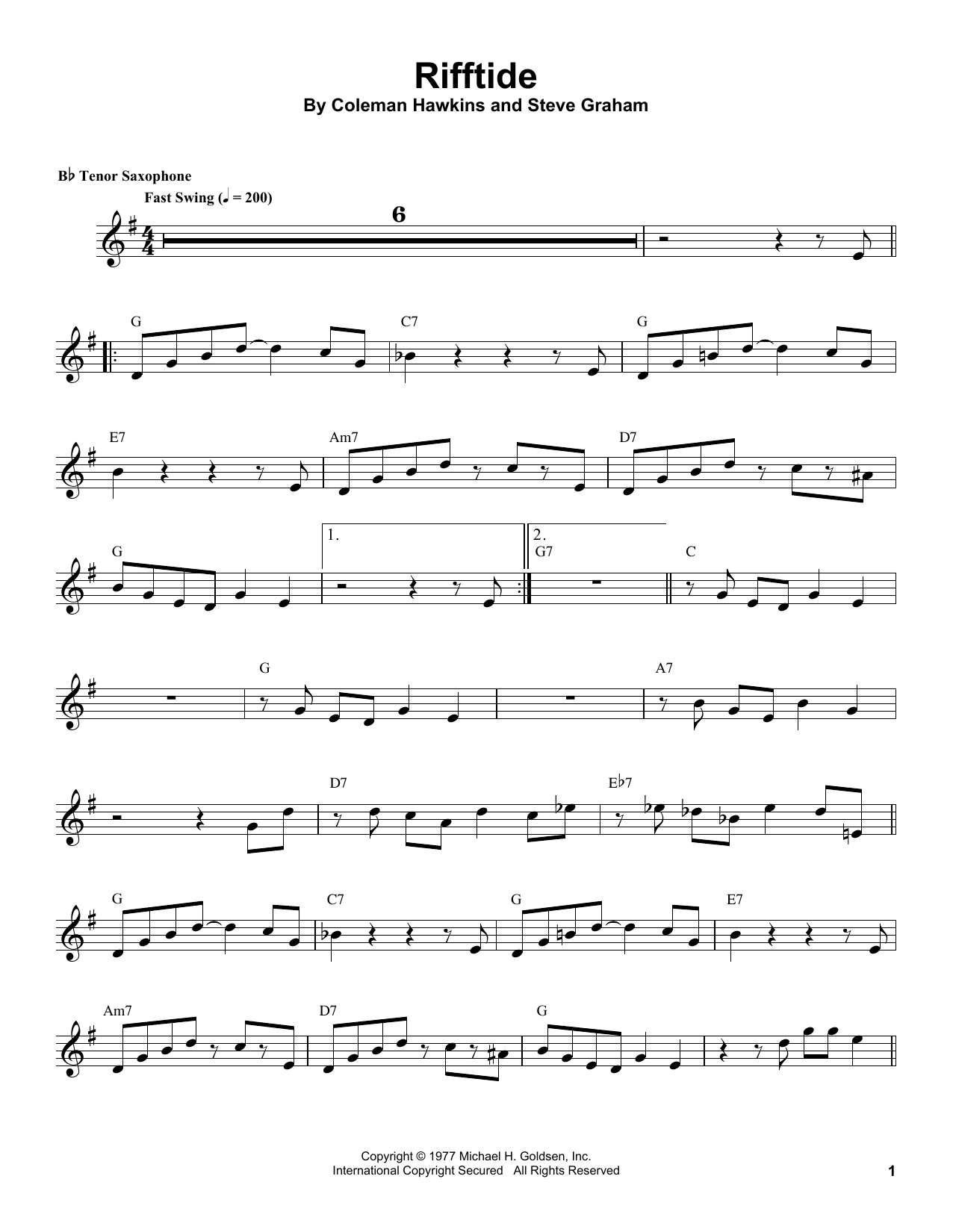 Coleman Hawkins Rifftide sheet music notes and chords. Download Printable PDF.