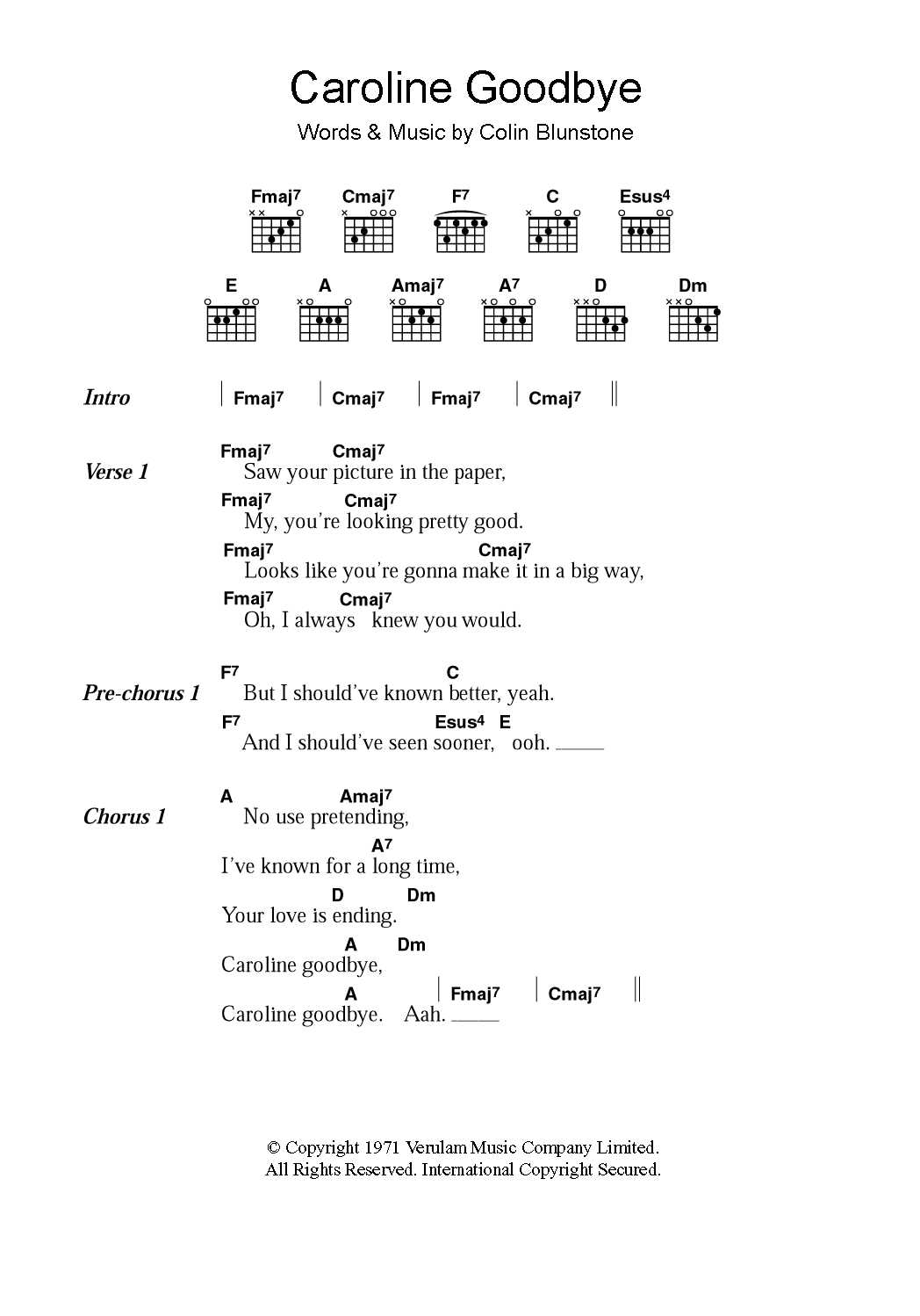 Colin Blunstone Caroline Goodbye sheet music notes and chords. Download Printable PDF.