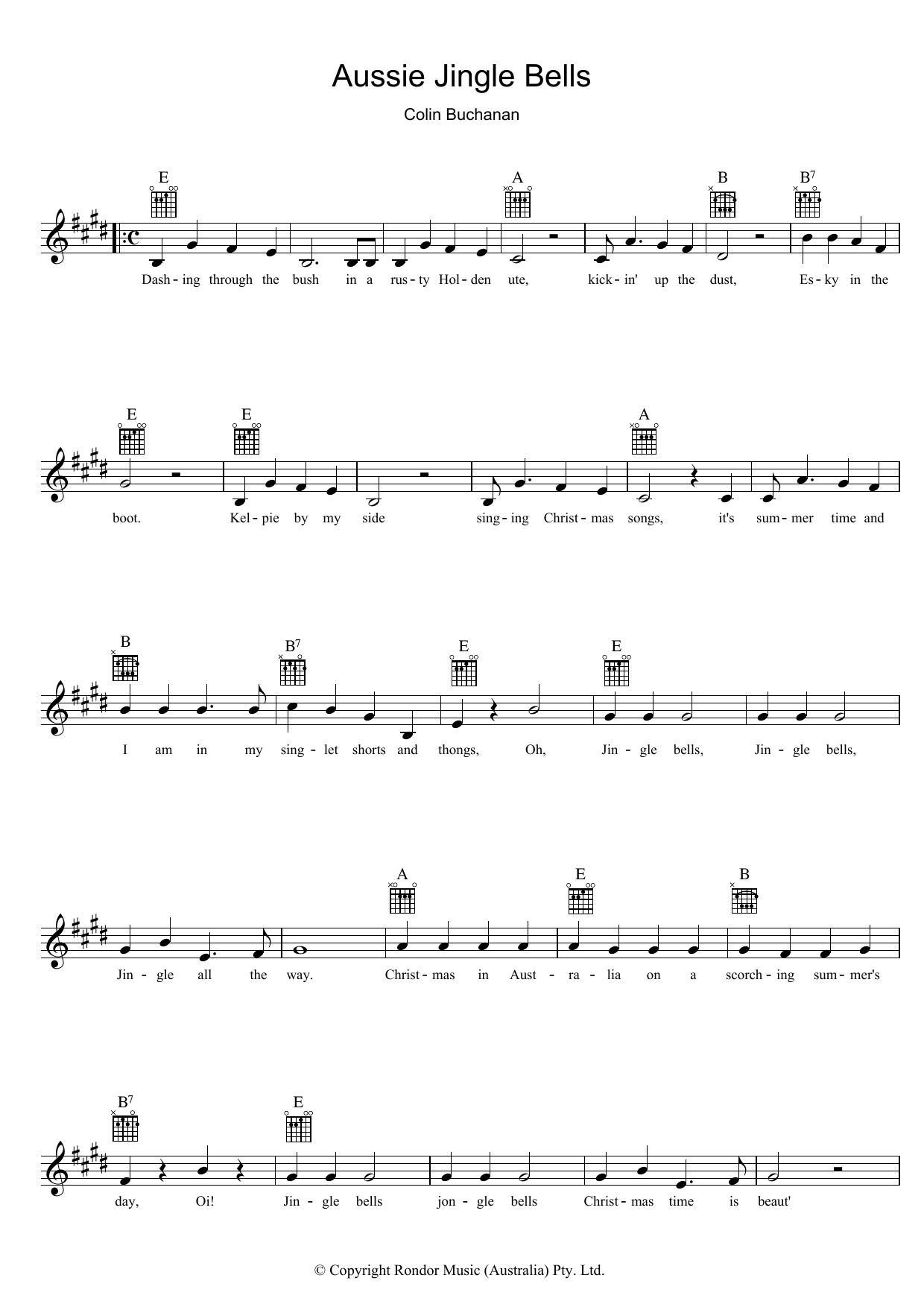 Colin Buchanan Aussie Jingle Bells sheet music notes and chords. Download Printable PDF.