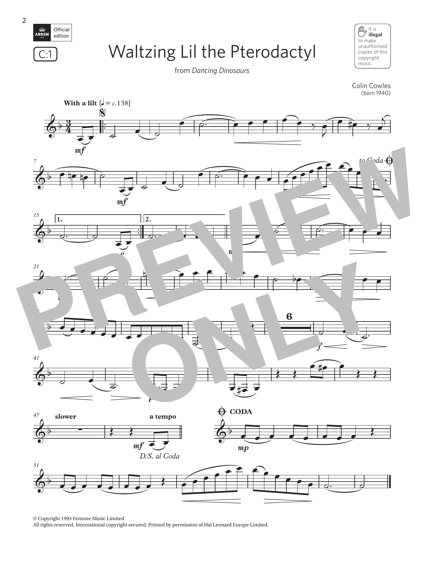Learn to play Colin Cowles Waltzing Lil the Pterodactyl (Grade 3 List C1 from the ABRSM Clarinet syllabus from 2022) sheet music for Clarinet Solo in minutes. Price: 5.9900$ Colin Cowles Waltzing Lil the Pterodactyl (Grade 3 List C1 from the ABRSM Clarinet syllabus from 2022) sheet music notes and chords arranged for Clarinet Solo