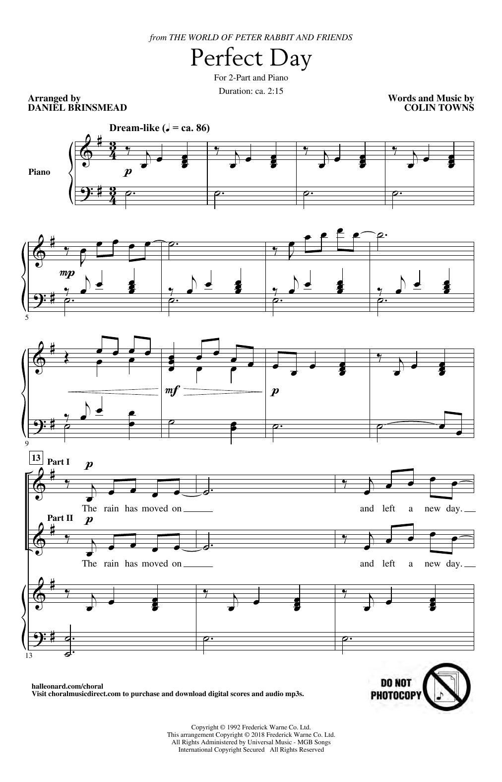 Colin Towns Perfect Day (Theme From The World Of Peter Rabbit And Friends) (arr. Daniel Brinsmead) sheet music notes and chords. Download Printable PDF.