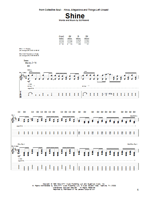 Collective Soul Shine sheet music notes and chords. Download Printable PDF.