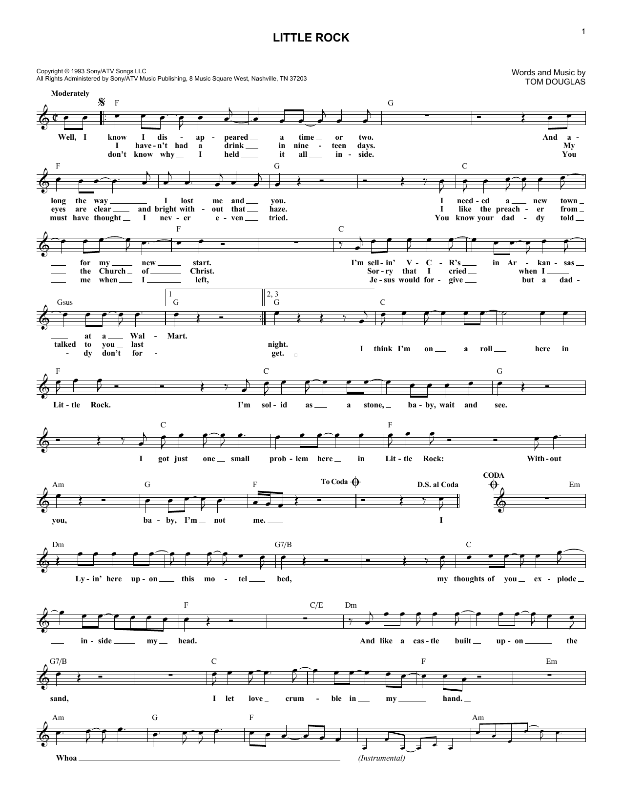 Learn to play Collin Raye Little Rock sheet music for Lead Sheet / Fake Book in minutes. Price: 5.9900$ Collin Raye Little Rock sheet music notes and chords arranged for Lead Sheet / Fake Book
