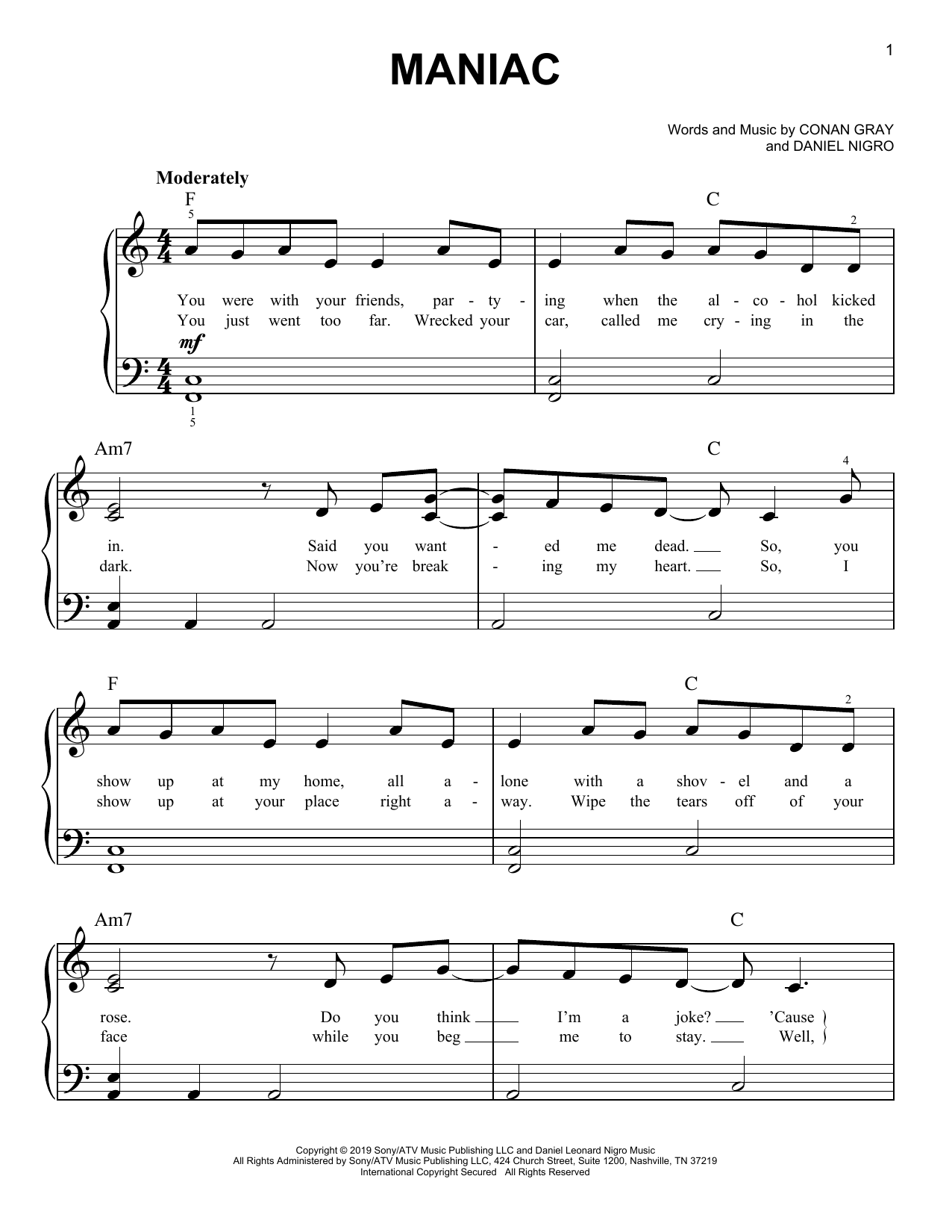 Conan Gray Maniac sheet music notes and chords arranged for Easy Piano