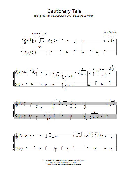 Learn to play Alex Wurman Cautionary Tale (from Confessions Of A Dangerous Mind) sheet music for Piano Solo in minutes. Price: 7.8900$ Alex Wurman Cautionary Tale (from Confessions Of A Dangerous Mind) sheet music notes and chords arranged for Piano Solo