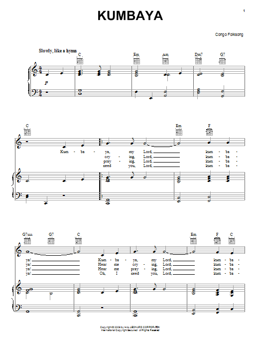 Learn to play Congan Folksong Kumbaya sheet music for Piano, Vocal & Guitar Chords (Right-Hand Melody) in minutes. Price: 7.8900$ Congan Folksong Kumbaya sheet music notes and chords arranged for Piano, Vocal & Guitar Chords (Right-Hand Melody)
