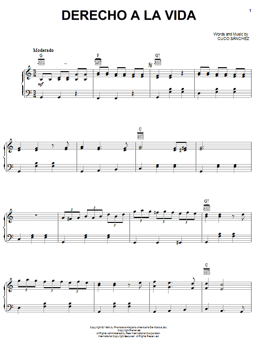 Learn to play Conjunto Primavera Derecho A La Vida sheet music for Piano, Vocal & Guitar Chords (Right-Hand Melody) in minutes. Price: 7.8900$ Conjunto Primavera Derecho A La Vida sheet music notes and chords arranged for Piano, Vocal & Guitar Chords (Right-Hand Melody)