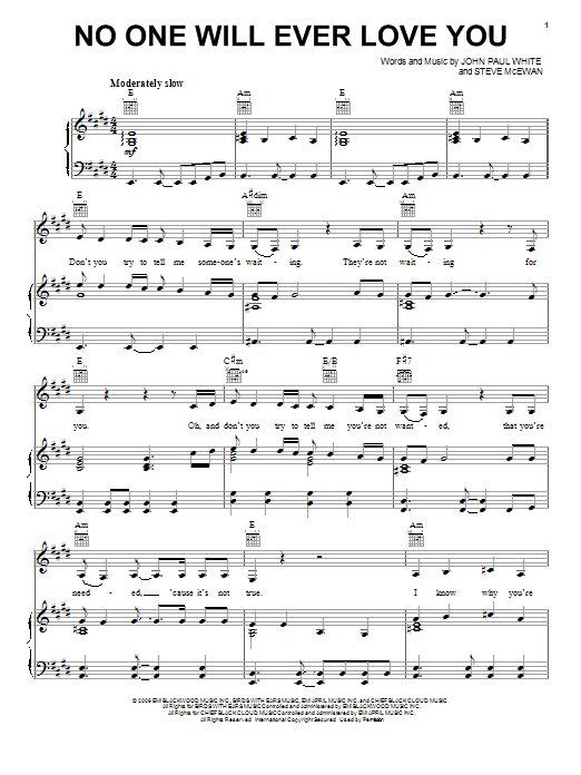 Learn to play Connie Britton and Charles Esten No One Will Ever Love You (from the TV series 'Nashville') sheet music for Piano, Vocal & Guitar Chords (Right-Hand Melody) in minutes. Price: 7.8900$ Connie Britton and Charles Esten No One Will Ever Love You (from the TV series 'Nashville') sheet music notes and chords arranged for Piano, Vocal & Guitar Chords (Right-Hand Melody)