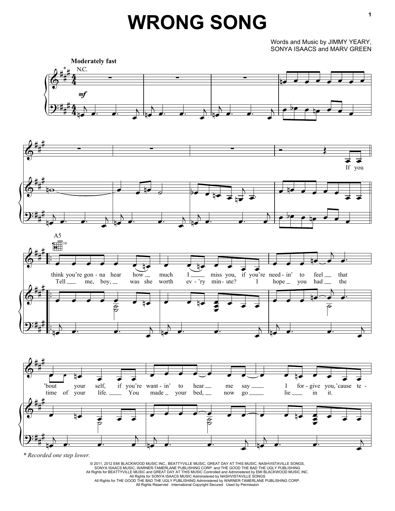 Learn to play Connie Britton and Hayden Panettiere Wrong Song sheet music for Piano, Vocal & Guitar Chords (Right-Hand Melody) in minutes. Price: 7.8900$ Connie Britton and Hayden Panettiere Wrong Song sheet music notes and chords arranged for Piano, Vocal & Guitar Chords (Right-Hand Melody)
