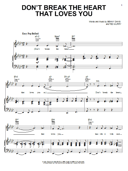 Learn to play Connie Francis Don't Break The Heart That Loves You sheet music for Piano, Vocal & Guitar Chords (Right-Hand Melody) in minutes. Price: 7.8900$ Connie Francis Don't Break The Heart That Loves You sheet music notes and chords arranged for Piano, Vocal & Guitar Chords (Right-Hand Melody)