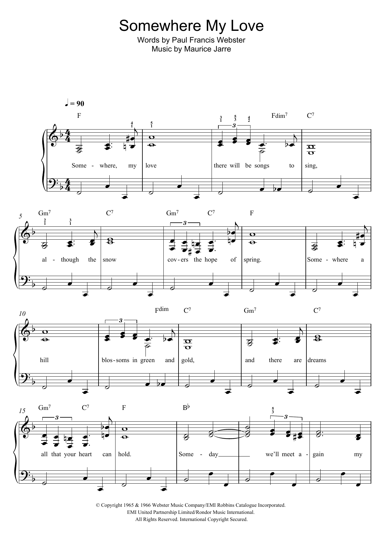 Connie Francis Somewhere My Love (Lara's Theme) sheet music notes and chords arranged for Easy Piano