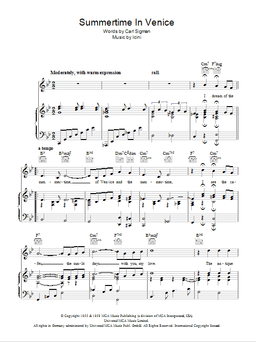 Connie Francis Summertime In Venice sheet music notes and chords arranged for Piano, Vocal & Guitar Chords