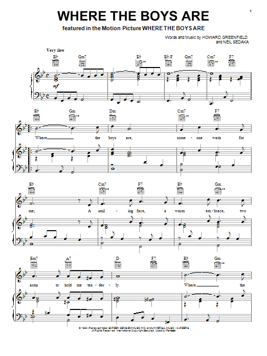 Connie Francis Where The Boys Are sheet music notes and chords arranged for Piano, Vocal & Guitar Chords (Right-Hand Melody)