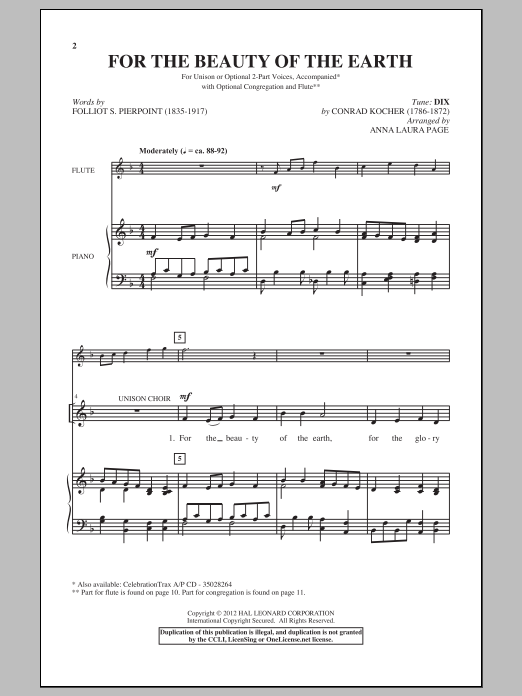 Conrad Kocher For The Beauty Of The Earth (arr. Anna Laura Page) sheet music notes and chords. Download Printable PDF.