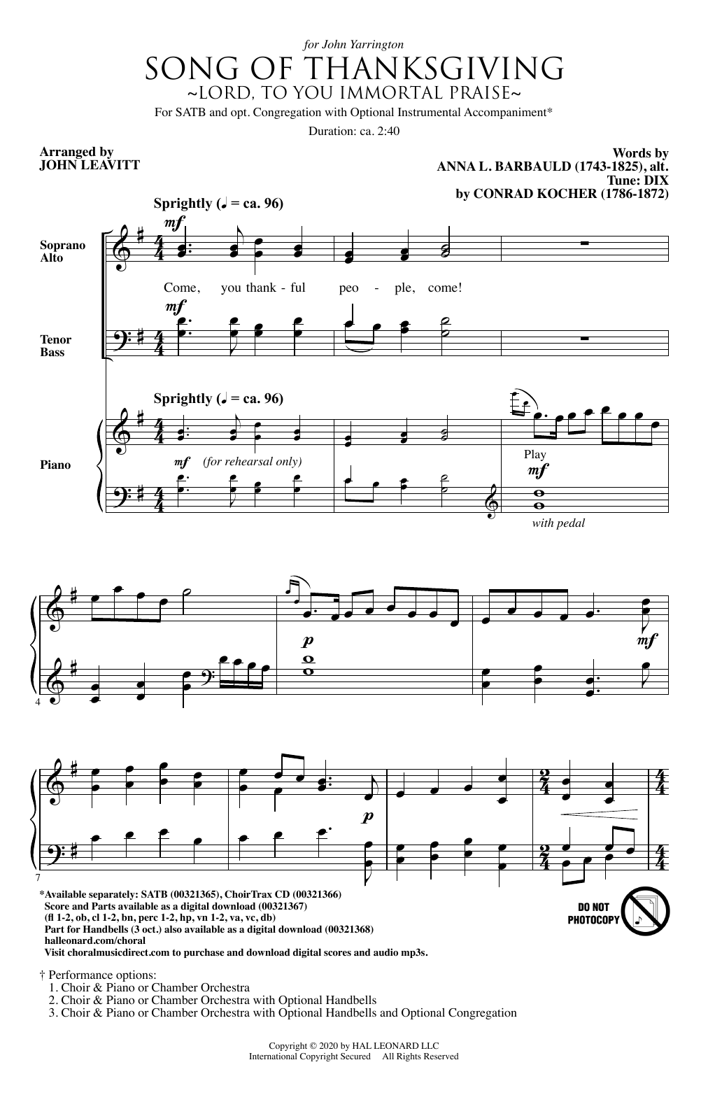 Conrad Kocher Song Of Thanksgiving (arr. John Leavitt) sheet music notes and chords. Download Printable PDF.