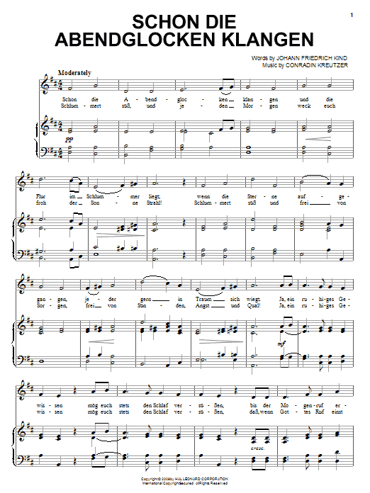 Learn to play Conradin Kreutzer Schon Die Abendglocken Klangen sheet music for Piano, Vocal & Guitar Chords (Right-Hand Melody) in minutes. Price: 7.8900$ Conradin Kreutzer Schon Die Abendglocken Klangen sheet music notes and chords arranged for Piano, Vocal & Guitar Chords (Right-Hand Melody)