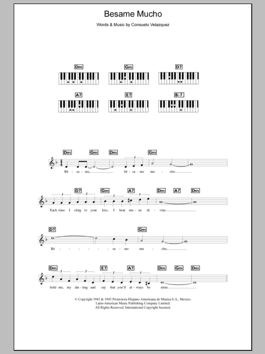 Consuelo Velazquez Besame Mucho (Kiss Me Much) sheet music notes and chords. Download Printable PDF.