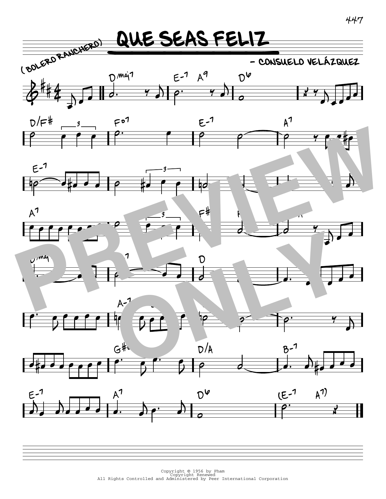 Learn to play Consuelo Velazquez Que Seas Feliz sheet music for Real Book – Melody & Chords in minutes. Price: 5.9900$ Consuelo Velazquez Que Seas Feliz sheet music notes and chords arranged for Real Book – Melody & Chords
