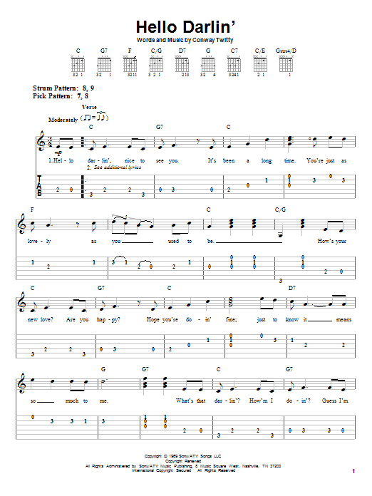 Conway Twitty Hello Darlin' sheet music notes and chords. Download Printable PDF.