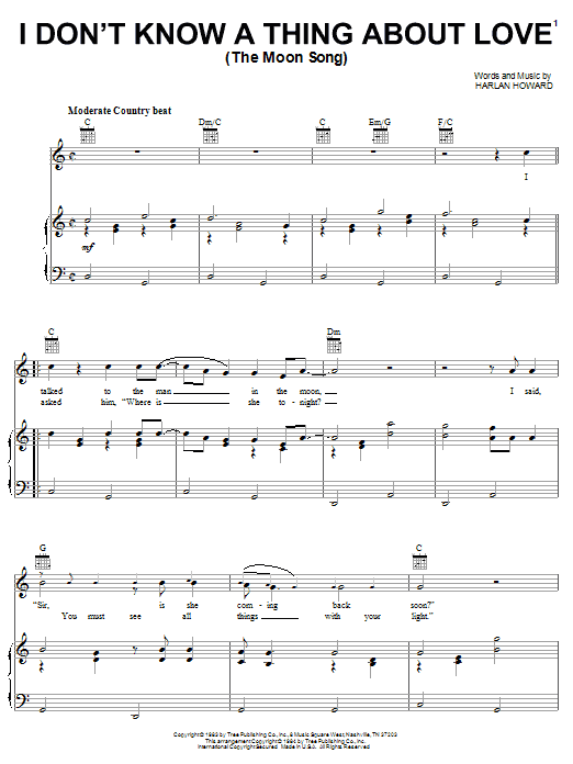 Learn to play Conway Twitty I Don't Know A Thing About Love (The Moon Song) sheet music for Piano, Vocal & Guitar Chords (Right-Hand Melody) in minutes. Price: 7.8900$ Conway Twitty I Don't Know A Thing About Love (The Moon Song) sheet music notes and chords arranged for Piano, Vocal & Guitar Chords (Right-Hand Melody)