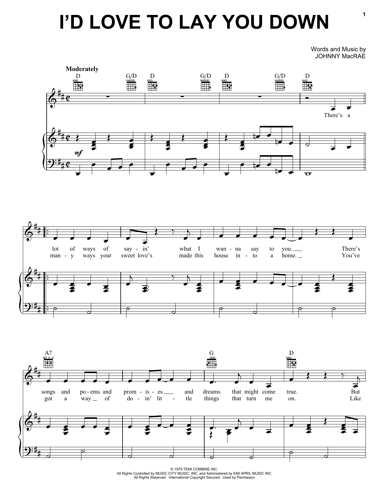 Learn to play Conway Twitty I'd Love To Lay You Down sheet music for Piano, Vocal & Guitar Chords (Right-Hand Melody) in minutes. Price: 7.8900$ Conway Twitty I'd Love To Lay You Down sheet music notes and chords arranged for Piano, Vocal & Guitar Chords (Right-Hand Melody)