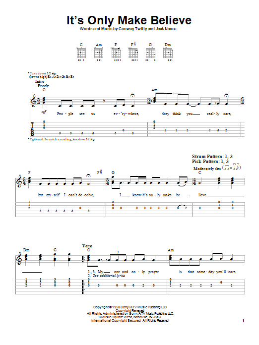 Conway Twitty It's Only Make Believe sheet music notes and chords. Download Printable PDF.