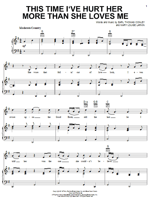 Learn to play Conway Twitty This Time I've Hurt Her More Than She Loves Me sheet music for Piano, Vocal & Guitar Chords (Right-Hand Melody) in minutes. Price: 7.8900$ Conway Twitty This Time I've Hurt Her More Than She Loves Me sheet music notes and chords arranged for Piano, Vocal & Guitar Chords (Right-Hand Melody)