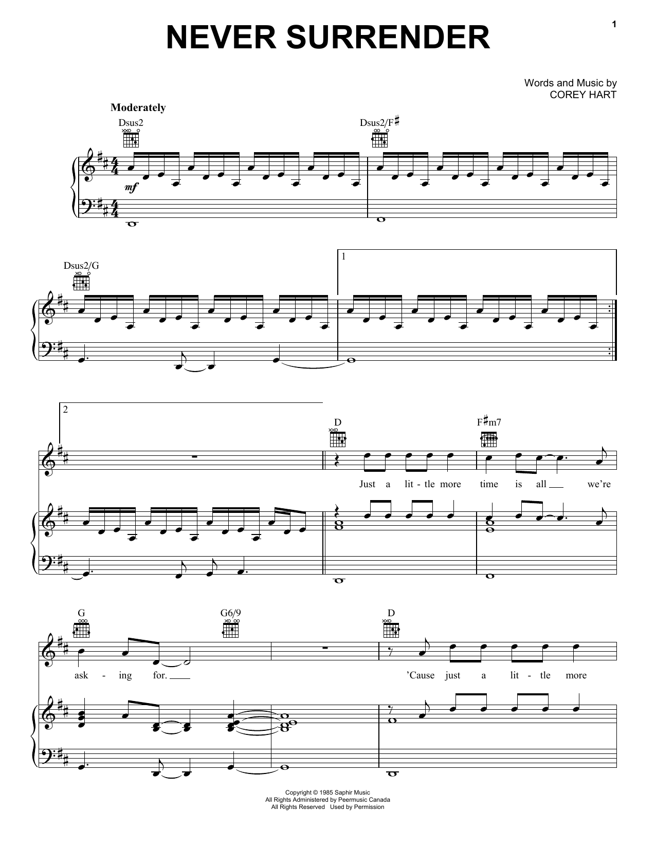 Corey Hart Never Surrender sheet music notes and chords. Download Printable PDF.