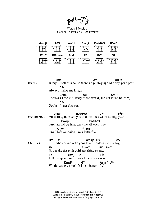 Learn to play Corinne Bailey Rae Butterfly sheet music for Guitar Chords/Lyrics in minutes. Price: 4.4900$ Corinne Bailey Rae Butterfly sheet music notes and chords arranged for Guitar Chords/Lyrics