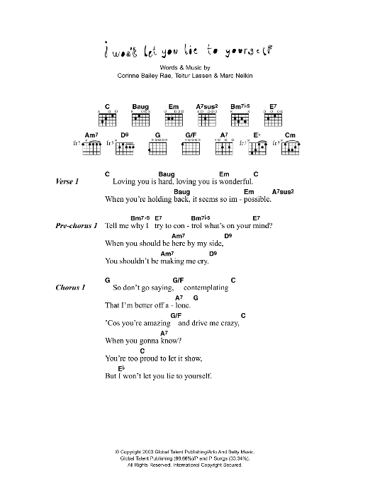 Corinne Bailey Rae I Won't Let You Lie To Yourself sheet music notes and chords. Download Printable PDF.