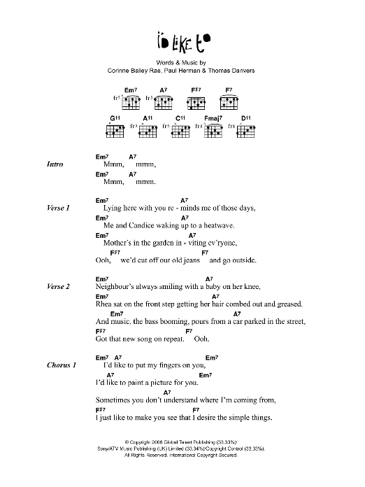 Corinne Bailey Rae I'd Like To sheet music notes and chords arranged for Piano, Vocal & Guitar Chords