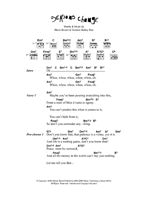 Learn to play Corinne Bailey Rae Seasons Change sheet music for Easy Piano in minutes. Price: 6.9900$ Corinne Bailey Rae Seasons Change sheet music notes and chords arranged for Easy Piano