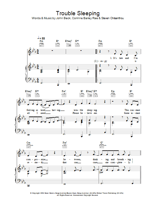 Learn to play Corinne Bailey Rae Trouble Sleeping sheet music for Guitar Chords/Lyrics in minutes. Price: 4.4900$ Corinne Bailey Rae Trouble Sleeping sheet music notes and chords arranged for Guitar Chords/Lyrics